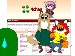  2024 4chan anon anthro averi_(fiddleafox) brown_body brown_fur canid canine clothing english_text female female/female female_anthro fox fur gloves_(marking) green_clothing group hair male male/female mammal markings pepper_(sketchytoasty) pop_team_epic red_fox standing text trio true_fox unknown_artist white_body white_fur 