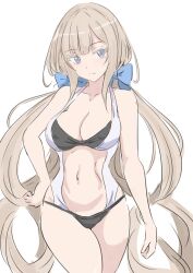  absurdres blue_bow blue_eyes bow breasts casual_one-piece_swimsuit clothing_cutout female grey_hair hairbow hand_on_own_hip highres kantai_collection ken_(shutenndouji1) large_breasts low_twintails maryland_(kancolle) navel_cutout one-piece_swimsuit simple_background solo swimsuit twintails two-tone_swimsuit white_background 