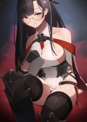  azur_lane bare_shoulders black_footwear black_gloves black_thighhighs boots breasts cleavage cleavage_cutout clothing_cutout collared_shirt commentary_request dupleix_(azur_lane) female gloves highres huge_breasts knee_boots lace-trimmed_thighhighs long_hair looking_at_viewer mole mole_on_breast mole_on_thigh purple_eyes round_eyewear shirt sideboob solo thighhighs white_shirt yohia 