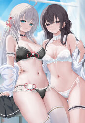  2girls alisa_mikhailovna_kujou black_bra black_panties blue_eyes bra breasts brown_hair cyicheng grey_hair hair_ribbon long_hair looking_at_viewer medium_breasts multiple_girls nail_polish navel off_shoulder panties parted_lips red_ribbon ribbon shirt skirt smile stomach suou_yuki thighhighs tokidoki_bosotto_roshia-go_de_dereru_tonari_no_alya-san underwear unworn_skirt white_bra white_panties white_shirt white_thighhighs 