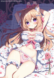  :o animal_ear_fluff animal_ears arms_up babydoll blush bondage bondage bound bound_wrists bow breasts cat_ears cat_girl choker cleavage commentary_request double-parted_bangs female flower frilled_babydoll frilled_panties frilled_pillow frills hairbow large_breasts light_brown_hair looking_at_viewer mauve navel on_bed original panties petals pillow pink_bow pink_choker pink_flower pink_panties pink_ribbon purple_eyes ribbon ribbon_bondage solo underwear white_bow wrist_ribbon 