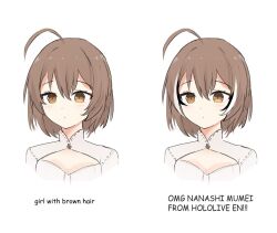  ahoge alternate_hair_color alternate_hairstyle blush brown_eyes brown_hair cleavage_cutout clothing_cutout crossed_bangs english_text female hair_between_eyes hololive hololive_english multicolored_hair multiple_views nanashi_mumei nanashi_mumei_(1st_costume) shirt short_hair shuuzo3 streaked_hair virtual_youtuber white_shirt 