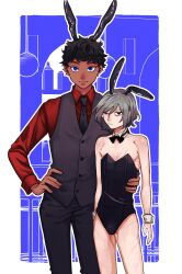  2boys animal_ears bags_under_eyes black_eyes black_hair black_leotard blue_eyes border bow bowtie cowboy_shot crossdressing curly_hair dark-skinned_male dark_skin detached_collar dungeon_meshi elf fake_animal_ears grey_hair hand_on_another&#039;s_waist hand_on_own_hip highres kabru lazy_eye leotard long_sleeves looking_at_viewer male_focus male_playboy_bunny mithrun multiple_boys multiple_scars n2g4_000 necktie notched_ear pants playboy_bunny pointy_ears purple_background rabbit_ears scar shirt short_hair strapless strapless_leotard uneven_eyes vest wavy_hair white_border wrist_cuffs 