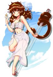  absurdres barefoot bikini brown_hair carbohydrate_(asta4282) circlet commission female full_body gold_bikini highres looking_at_viewer midriff monkey_girl monkey_tail navel pixiv_commission sarong single_strap smile solo son_biten swimsuit tail touhou yellow_eyes 