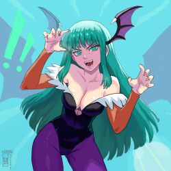  ! !! absurdres bare_shoulders black_leotard breasts claw_pose cleavage clothing_cutout collarbone cowboy_shot cutout_above_navel demon_girl demon_wings fangs female green_eyes green_hair head_wings heart_cutout highres large_breasts leotard long_hair morrigan_aensland off_shoulder open_mouth pantyhose purple_pantyhose solo teeth tongue vampire_(game) watcher_hollow wings 