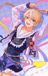  1boy :d absurdres arms_up artist_name bead_belt bishounen black_shirt cowboy_shot cropped_jacket dutch_angle earrings ensemble_stars! frilled_shorts frills grid_background heart heart_arms heart_earrings highres jacket jewelry looking_at_viewer male_focus mismatched_earrings otoko_no_ko shiratori_aira_(ensemble_stars!) shirt shirt_tucked_in shorts sideways_glance smile solo teeth three_quarter_view tongue white_jacket yosso_oa zettai_ryouiki 