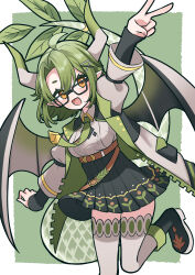  :d absurdres ahoge amalia_solaris_(vtuber) arm_at_side arm_up belt bespectacled black_dress black_footwear border breasts brown_belt chest_belt commission curtained_hair double-parted_bangs dragon_girl dragon_tail dress female floral_print_dress glasses green_background green_hair green_horns green_necktie green_tail hair_between_eyes highres horns indie_virtual_youtuber jacket knee_up layered_sleeves light_blush medium_breasts multicolored_horns multiple_belts necktie no_nose open_clothes open_jacket outside_border pleated_dress pocket pointy_ears short_dress short_eyebrows side_part skeb_commission smile solo split_mouth tail thighhighs three_quarter_view two-tone_horns v wanya_wanya_panic white_border white_bustier white_horns white_thighhighs wind 