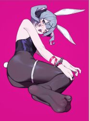  animal_ears armpit_crease ass bare_shoulders black_leotard black_pantyhose blue_eyes blush bound bound_wrists breasts cuffs dorsiflexion fake_animal_ears feet female foot_focus foreshortening full_body grey_hair hair_ornament handcuffs hands_on_own_knees hatsune_miku heart heart-shaped_pupils highleg highleg_leotard highres legs leotard looking_at_viewer no_shoes on_ground open_mouth pantyhose playboy_bunny purple_background rabbit_hole_(vocaloid) see-through see-through_legwear short_twintails shulanshu simple_background skindentation small_breasts soles solo strapless strapless_leotard symbol-shaped_pupils thigh_strap twintails x_hair_ornament 