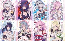  6+girls animal_ears artist_name bare_shoulders bianka_durandal_ataegina bianka_durandal_ataegina_(palatinus_equinox) black_dress black_gloves black_shirt blonde_hair blue_eyes blue_hair bouquet breasts bronya_zaychik bronya_zaychik_(herrscher_of_truth) cleavage clothing_cutout compilation confetti corset dress elysia_(herrscher_of_human:_ego)_(honkai_impact) elysia_(honkai_impact) english_commentary flower fu_hua fu_hua_(herrscher_of_sentience) gloves grey_eyes grey_hair hair_between_eyes hair_flower hair_ornament hand_on_own_cheek hand_on_own_face handheld_game_console heart highres holding holding_bouquet holding_handheld_game_console holding_ice_cream_cone holding_mask homu_(honkai_impact) honkai_(series) honkai_impact_3rd horns ice_cream_cone jingwei_(bird) kiana_kaslana kiana_kaslana_(herrscher_of_finality) large_breasts long_hair manta_ray mask midriff_peek multiple_girls navel navel_cutout one_eye_closed pink_hair ponytail purple_eyes purple_hair rabbit_ears raiden_mei raiden_mei_(herrscher_of_thunder) red_eyes red_horns seele_(alter_ego) seele_vollerei seele_vollerei_(herrscher_of_rebirth) shirt small_breasts star_(symbol) v white_corset white_dress white_gloves white_hair white_veil yae_sakura yae_sakura_(gyakushinn_miko) yurax-mae 