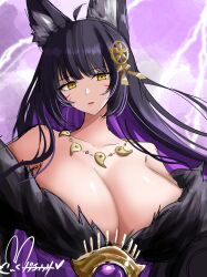  absurdres animal_ear_fluff animal_ears azur_lane bare_shoulders black_hair blunt_bangs breasts cleavage collarbone colored_inner_hair commentary_request facial_mark female fox_ears fox_girl fur_trim highres hisin huge_breasts jewelry lightning_background long_hair looking_at_viewer magatama magatama_necklace multicolored_background multicolored_hair musashi_(azur_lane) necklace obi parted_lips purple_background purple_hair purple_sash sash signature solo two-tone_hair upper_body white_background yellow_eyes 