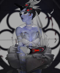  3d 3d_(artwork) 3d_model ass breasts cakiibb feathers female ghostly_bride hair looking_at_viewer overwatch overwatch_2 purple_body purple_skin solo tagme widowmaker 