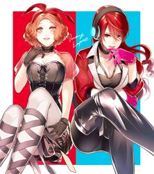  2girls bad_id bad_twitter_id black_gloves boots breasts brown_hair cleavage commentary_request corset cross-laced_footwear crossed_legs gloves hair_ribbon headphones highres jacket kirijou_mitsuru large_breasts long_hair minami_kazuki_(hanbee) multiple_girls okumura_haru pantyhose persona persona_3 persona_3:_dancing_moon_night persona_5 persona_5:_dancing_star_night persona_dancing pink_gloves plaid plaid_skirt red_eyes red_hair red_jacket ribbon skirt smile thigh_boots thighhighs white_legwear 