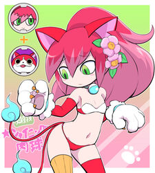  animal_ears animal_hands bell bikini blush cat_ears cat_paws cat_tail collar commentary_request cosplay cowboy_shot elbow_gloves female fire flame-tipped_tail flower gloves green_eyes hair_flower hair_ornament high_ponytail jibanyan jibanyan_(cosplay) long_hair mismatched_bikini multicolored_hair multiple_tails navel neck_bell nollety notched_ear pink_hair red_bikini solo swimsuit tail thighhighs tsubakihime_(youkai_watch) two-tone_hair two_tails white_bikini youkai_(youkai_watch) youkai_watch 