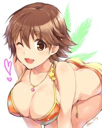  ;d absurdres bangs bending_forward bikini breasts brown_eyes brown_hair cleavage eyebrows_visible_through_hair female hair_between_eyes heart highres honda_mio idolmaster idolmaster_cinderella_girls jewelry large_breasts looking_at_viewer matching_hair/eyes necklace one_eye_closed open_mouth orange_bikini paopao shiny short_hair simple_background smile solo star star_necklace swimsuit twitter_username wink 