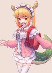  :d backpack bag beige_background blonde_hair blush capelet commentary_request cosplay cowboy_shot dragon_girl dragon_horns dress female gradient_hair hairband horns kanna_kamui kanna_kamui_(cosplay) kobayashi-san_chi_no_maidragon large_tail long_hair long_sleeves makaroll multicolored_hair narrow_waist open_mouth pink_hair red_eyes scales simple_background smile solo tail thighhighs tohru_(maidragon) twintails two-tone_hair white_thighhighs zettai_ryouiki 