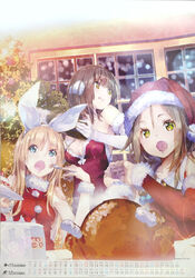  3girls atelier_(series) atelier_firis christmas christmas_tree detached_sleeves firis_mistlud fur gift hair_ribbon ilmeria_von_leinweber multiple_girls ribbon window yuugen 