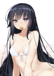  47agdragon black_hair blush bra breasts commentary_request female front-tie_bra half-closed_eyes half_updo head_wings highres long_hair medium_breasts mouth_hold oerba_yun_fang original purple_hair sidelocks solo underwear upper_body walnut white_bra wings 