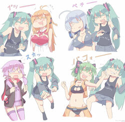  &gt;_&lt; 5girls :d ^_^ ahoge alternate_costume animal_ear_headphones animal_ears antenna_hair aqua_hair axent_wear belt between_breasts black_legwear black_panties blank_eyes blonde_hair blush bouncing_breasts bow braid breast_envy breasts cat_cutout cat_ear_headphones cat_ears cat_lingerie chaps cleavage cleavage_cutout closed_eyes clothes_writing clothing_cutout colored_eyelashes commentary_request crop_top detached_sleeves dress drooling fake_animal_ears fangs flat_chest goggles goggles_on_head green_hair groin gumi hair_ornament hairbow hatsune_miku headphones hood hood_down hooded_jacket jacket large_breasts legs_apart long_hair low_ponytail meme_attire midriff miniskirt motion_lines multiple_girls multiple_views navel necktie open_mouth panties pleated_skirt print_shirt punching purple_dress purple_hair purple_legwear red_necktie ribbed_dress shirt short_hair_with_long_locks silver_bell simple_background skirt slapping_breasts sleeveless small_breasts smile socks stomach striped striped_bow sweatdrop tank_top tears thighhighs tsurumaki_maki twintails underwear vocaloid voiceroid wavy_mouth white_background white_hair yowane_haku yuzuki_yukari 