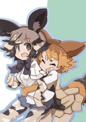  2girls :d :o absurdres african_wild_dog_(kemono_friends) african_wild_dog_print animal_ears bad_id bad_pixiv_id black-backed_jackal_(kemono_friends) black_bow black_bowtie black_eyes black_hair bow bowtie brown_hair closed_eyes dog_ears extra_ears grey_hair highres hug jackal_ears jackal_tail kemono_friends multicolored_hair multiple_girls open_mouth pantyhose print_pantyhose short_hair simple_background skirt smile teranekosu 