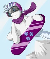  2015 armor double_diamond_(mlp) earth_pony equid equine eyewear fearingfun feral friendship_is_magic fur goggles hair hasbro headgear helmet hi_res horse male mammal mountain my_little_pony outside pony quadruped scarf simple_background smile snowboard snowboarding solo white_body white_fur 