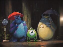  2boys artist_request bus_stop creature crossover imageboard_desourced james_p._sullivan mike_wazowski monsters_inc. multiple_boys no_humans non-web_source one-eyed parody rain smile tonari_no_totoro totoro totoro_bus_stop tree umbrella 