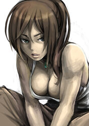  bare_shoulders blue_eyes breasts brown_hair cleavage commentary_request downblouse female jewelry lara_croft large_breasts lips long_hair necklace photoshop_(medium) pixiv_tomb_raider_contest sitting solo tacos_(tacoage) tomb_raider tomb_raider_(reboot) v_arms 