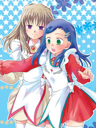  2girls :o alternate_eye_color apron blonde_hair blue_background blue_hair bow bowtie brown_hair commentary_request cowboy_shot dress frilled_sleeves frills garderobe_uniform green_eyes hair_ornament hairclip holding long_hair looking_down multiple_girls my-otome natsuki_kruger purple_eyes red_dress rokuka shizuru_viola short_dress star_(symbol) starry_background teeth thighhighs white_bow white_dress zettai_ryouiki 