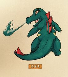  2017 3_fingers ambiguous_gender anthro biped black_markings blue_body blue_fire blue_skin blue_tail breath_powers colored_fire crocodilian elemental_manipulation english_text eye_markings fakemon fingers fire fire_breathing fire_manipulation firefightdex full-length_portrait generation_2_pokemon hatching_(art) hi_res long_tail looking_back marco_fanjul markings multicolored_body multicolored_skin nintendo open_mouth open_smile pen_(artwork) pink_tongue pokemon pokemon_(species) portrait rear_view reptile scalie semi-anthro shaded shadow sharp_teeth simple_background smile snort snorting snout solo spiked_tail spikes spikes_(anatomy) standing striped_body striped_skin stripes tail tan_body tan_skin tan_stripes teeth text tongue toony totodile traditional_media_(artwork) two_tone_body two_tone_skin white_background 