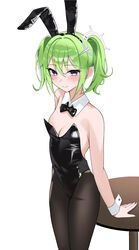  absurdres animal_ears black_bow black_bowtie black_leotard black_pantyhose bllustration bow bowtie breasts detached_collar female green_eyes green_hair highres leotard medium_breasts pantyhose playboy_bunny rabbit_ears simple_background small_breasts solo stellive strapless strapless_leotard table virtual_youtuber white_background wrist_cuffs yuzuha_riko 