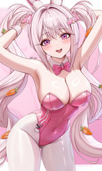  abpart alice_(nikke) alice_(wonderland_bunny)_(nikke) armpits artist_name blush bow bowtie breasts carrot_hair_ornament cleavage covered_navel detached_collar female food-themed_hair_ornament goddess_of_victory:_nikke hair_ornament highres large_breasts leotard long_hair looking_at_viewer official_alternate_costume open_mouth pantyhose patreon_username pink_bow pink_bowtie pink_eyes pink_leotard playboy_bunny simple_background smile solo thighs twintails white_background white_hair white_pantyhose 