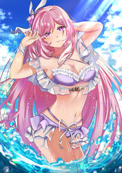  absurdres armpits bikini blue_sky breasts brooch chocola_s elysia_(herrscher_of_human:_ego)_(honkai_impact) elysia_(honkai_impact) female frilled_bikini frills hair_between_eyes hands_up heart heart_brooch highres honkai_(series) honkai_impact_3rd jewelry long_hair looking_at_viewer midriff navel official_alternate_costume pink_hair pink_pupils purple_bikini sky solo standing standing_on_liquid stomach swimsuit thighs 