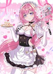  apron black_choker black_dress blue_eyes breasts butterfly_hair_ornament cake chocola_s choker cleavage clothing_cutout collarbone detached_sleeves dress elysia_(honkai_impact) elysia_(miss_pink_elf)_(honkai_impact) female flower_ornament food hair_between_eyes hair_ornament heart heart_hands heart_pendant highres holding holding_plate honkai_(series) honkai_impact_3rd large_breasts long_hair looking_at_viewer maid maid_apron maid_headdress pink_background pink_hair pink_pupils plate puffy_short_sleeves puffy_sleeves short_sleeves side_cutout solo strawberry_shortcake teeth thighhighs thighs white_apron white_thighhighs zettai_ryouiki 