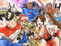  4girls 5boys black_hair blonde_hair blue_eyes blue_jacket breasts brown_hair cleavage dark-skinned_female dark_skin elena_(street_fighter) fatal_fury hat high_ponytail horse jacket jamie_siu kicdon li-fen lily_hawk looking_at_viewer luke_sullivan m._bison multicolored_hair multiple_boys multiple_girls player_character_(street_fighter_6) red_hat shiranui_mai smile street_fighter street_fighter_6 terry_bogard the_king_of_fighters 