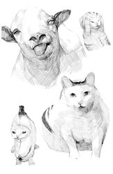  absurd_res ambiguous_gender banana_costume black_and_white black_body black_ears black_fur bovid caprine closed_eyes domestic_cat felid feline felis feral fur goat hi_res horizontal_pupils looking_at_viewer mammal meme monochrome niwarhythm open_mouth pupils simple_background standing tongue white_background 