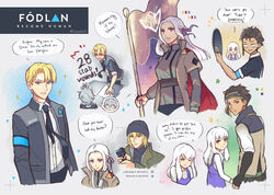  28_stab_wounds!_(meme) 2girls 3boys alice_williams alice_williams_(cosplay) ashe_ubert claude_von_riegan commentary connor_(detroit) connor_(detroit)_(cosplay) cosplay detroit:_become_human dimitri_alexandre_blaiddyd edelgard_von_hresvelg english_commentary english_text fire_emblem fire_emblem:_three_houses flag highres kara_(detroit) lunachaili lysithea_von_ordelia markus_(detroit) markus_(detroit)_(cosplay) meme multiple_boys multiple_girls parody speech_bubble twitter_username 