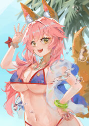  absurdres animal_ear_fluff animal_ears bikini blue_bikini blue_sky breasts cleavage collar commentary_request day fang_qiao fate/grand_order fate_(series) female fox_ears fox_girl fox_tail hand_on_own_hip highres large_breasts looking_at_viewer navel open_mouth outdoors palm_tree photoshop_(medium) pink_hair side-tie_bikini_bottom sky solo swimsuit tail tamamo_(fate) tamamo_no_mae_(swimsuit_lancer)_(fate) tamamo_no_mae_(swimsuit_lancer)_(third_ascension)_(fate) tree water 