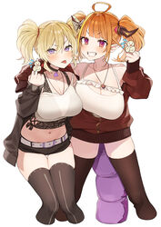  2girls absurdres ahoge arm_over_shoulder bare_shoulders belt black_choker black_jacket black_legwear black_shorts blonde_hair blunt_bangs bow breast_press breasts camisole censored censored_gesture choker cleavage cleavage_cutout clothing_cutout coco_kaine collarbone crop_top cropped_legs diagonal-striped_bow diagonal_stripes dragon_girl dragon_horns dragon_tail earrings eyes_visible_through_hair frilled_camisole frills grin hair_between_eyes hair_intakes hand_up heart heart_earrings highres hololive horn_bow horn_ornament horns jacket jewelry kiryu_coco kiryu_coco_(loungewear) large_breasts long_sleeves looking_at_viewer medium_hair middle_finger midriff mole mole_on_breast mole_under_eye multicolored_eyes multicolored_hair multiple_girls navel off_shoulder official_alternate_costume omaru_(0marufestival) open_clothes open_jacket orange_hair partially_unzipped pointless_censoring pointy_ears purple_eyes red_eyes red_jacket see-through shirt short_shorts short_twintails shorts sidelocks simple_background smile spaghetti_strap strap_slip streaked_hair striped striped_bow tail thigh_gap thighhighs tied_hair tongue tongue_out track_jacket twintails virtual_youtuber white_background white_belt white_camisole white_shirt 