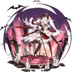  azur_lane bare_shoulders bat_wings black_thighhighs black_vest bow bridal_garter candle crown detached_sleeves female finger_to_mouth floating_hair full_body hairbow high_heels highres idol leg_up long_hair looking_at_viewer microphone_stand mini_crown miniskirt official_art over-kneehighs pleated_skirt red_eyes red_footwear red_skirt saru shirt skirt solo stage_lights thighhighs tongue tongue_out transparent_background twintails vampire_(azur_lane) vampire_(night_princess_idol)_(azur_lane) very_long_hair vest white_hair white_shirt wings 