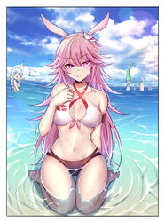  1boy 2girls 6+others absurdres alternate_eye_color animal_ears bare_shoulders barefoot bikini blue_sky braid braided_ponytail breasts closed_mouth cloud cloudy_sky day fei_luo_mao fox_ears hair_between_eyes hair_ornament heart heart-shaped_pupils highres honkai_(series) honkai_impact_3rd kallen_kaslana long_hair looking_at_viewer multiple_girls multiple_others ocean open_mouth otto_apocalypse outdoors pink_eyes pink_hair saliva seiza sitting sky smile summer swimsuit symbol-shaped_pupils wet wet_clothes wet_hair wet_swimsuit white_bikini white_hair yae_sakura 