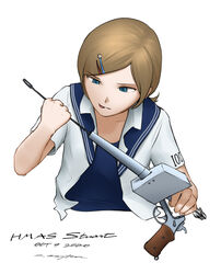  blue_eyes break_action brown_hair cleaning cleaning_gun cleaning_rod cleaning_weapon clothes_writing commission commissioner_upload dated female gun hair_ornament hairclip handgun highres holding holding_gun holding_weapon military military_uniform original revolver ryan_greythorn sailor_collar short_hair signature solo stuart_(syd038) tongue tongue_out unbuttoned unbuttoned_shirt uniform weapon white_background 