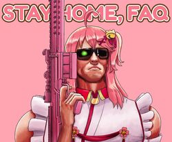  1boy agito666 ahoge arnold_schwarzenegger bare_shoulders bell commentary cosplay english_commentary english_text glowing glowing_eye gun hair_bell hair_ornament hand_up highres holding holding_gun holding_weapon hololive male_focus one_side_up parody pink_background pink_hair pink_theme red_ribbon ribbon sakura_miko sakura_miko_(1st_costume) sakura_miko_(cosplay) sleeveless solo sunglasses t-800 terminator_(series) the_terminator upper_body virtual_youtuber weapon x_hair_ornament 