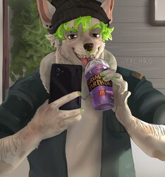  absurd_res anthro canid canine canis clothed clothing domestic_dog fully_clothed grimace_shake hi_res juckxony male mammal mcdonald&#039;s meme mirror piercing selfie solo 