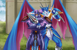  2018 5_fingers anthro arm_around_neck armor bandai_namco biped black_sclera blue_armor blue_body closed_eyes cloud colored craniamon crossed_arms day digimon digimon_(species) duo fingers gesture grass hand_gesture horn male outside plant pose pupils purple_armor purple_body red_pupils sartika3091 signature sky smile ulforceveedramon v_sign wings 