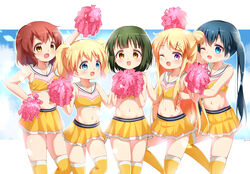  5girls :d alice_cartelet bad_id bad_pixiv_id bare_arms bare_shoulders blush cheerleader commentary english_commentary everyone groin highres inokuma_youko kin-iro_mosaic komichi_aya kujou_karen looking_at_viewer midriff miniskirt multiple_girls navel one_eye_closed oomiya_shinobu open_mouth painter-lhb pleated_skirt pom_pom_(cheerleading) sailor_collar shirt skindentation skirt sleeveless sleeveless_shirt smile thighhighs white_sailor_collar yellow_legwear yellow_skirt 