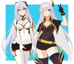  2girls absurdres aircell antenna_hair blue_eyes breasts cecilia_schariac cecilia_schariac_(cosplay) cleavage closed_mouth cosplay costume costume_switch hair_between_eyes hair_ornament highres honkai_(series) honkai_impact_3rd kiana_kaslana kiana_kaslana_(white_comet) kiana_kaslana_(white_comet)_(cosplay) long_hair looking_at_viewer mother_and_daughter multiple_girls one_eye_closed smile teeth v white_hair 