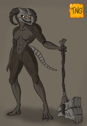  anthro axe bone bone_tail bovid bovine brown_body brown_fur cattle dark_souls demon european_mythology female fromsoftware fur greataxe greek_mythology hi_res horn mammal melee_weapon minotaur mythology skull skull_head solo taurus_demon the_nameless_guy weapon 