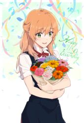  absurdres bad_id bad_pixiv_id blush bouquet bow collared_shirt commentary_request confetti cursive dress female flower green_eyes half_updo happy_birthday highres holding holding_bouquet long_hair open_mouth orange_hair partial_commentary pinafore_dress red_bow saeki_sayaka school_uniform shirt short_sleeves sleeveless sleeveless_dress smile solo streamers summer_uniform teeth tohmi_higashi_high_school_uniform upper_teeth_only white_shirt yagate_kimi_ni_naru yuuri_(orz_commushows) 