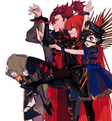  1boy 2girls absurdres black_eyes black_hair boots brother_and_sister commentary ddlcclia dress eyepatch fate/grand_order fate_(series) hat high_heels high_ponytail highres leg_up mori_nagayoshi_(fate) multiple_girls mysterious_ranmaru_x_(fate) oda_nobunaga_(fate) oda_nobunaga_(maou_avenger)_(fate) open_mouth orange_eyes pants pantyhose peaked_cap ponytail protected_link red_eyes red_hair siblings symbol-only_commentary white_background wrist_cuffs yotsubato!_pose 