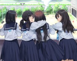  4girls :d arm_around_neck black_hair blue_neckerchief blue_sailor_collar blue_skirt blurry blurry_background blush closed_mouth commentary_request cowboy_shot day depth_of_field facing_away fence flying_sweatdrops friends from_behind grey_eyes group_picture hair_between_eyes head_steam highres horn_speaker long_hair looking_at_another looking_to_the_side low_twintails medium_hair multiple_girls neckerchief open_mouth original outdoors pentagon_(railgun_ky1206) pleated_skirt profile public_address_system road sailor_collar school_uniform school_yard serafuku shirt skirt smile tire traffic_cone translated tree twintails very_long_hair wavy_mouth white_shirt 