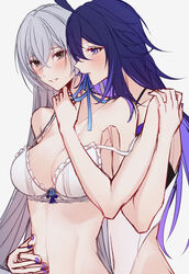  2girls ahoge alternate_costume blue_eyes blue_hair blue_nails blush bra breasts bronya_rand collarbone colored_inner_hair couple crossed_bangs english_commentary grey_hair hair_between_eyes hand_on_another&#039;s_shoulder hand_on_another&#039;s_stomach honkai:_star_rail honkai_(series) large_breasts looking_at_another multicolored_hair multiple_girls navel seele_(honkai:_star_rail) sieka_(piiroinardesco) simple_background underwear upper_body white_background white_bra yuri 